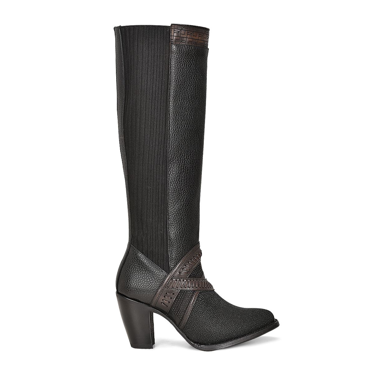 Women's Cuadra Black Stingray with Hand Woven Details Tall Boot