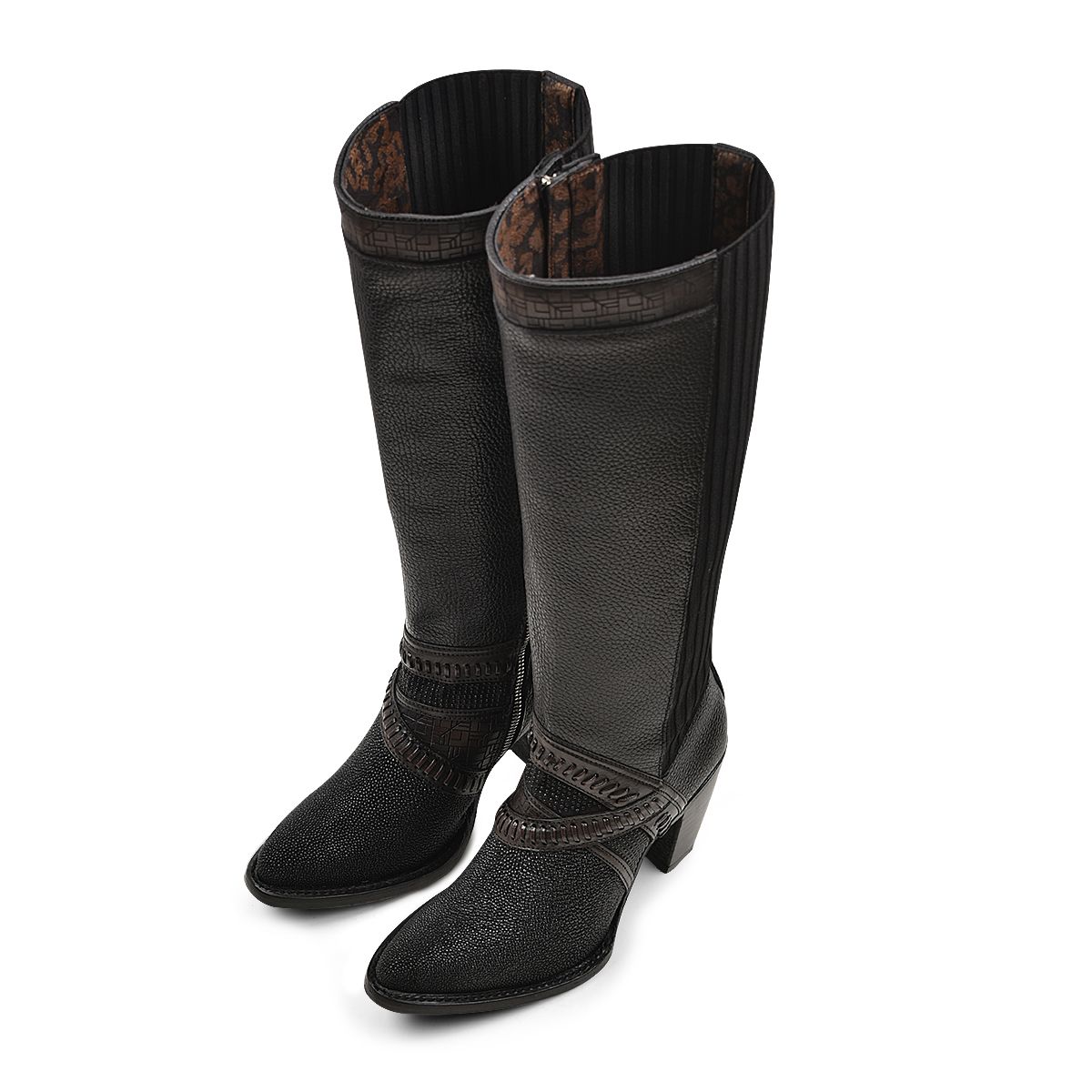 Women's Cuadra Black Stingray with Hand Woven Details Tall Boot