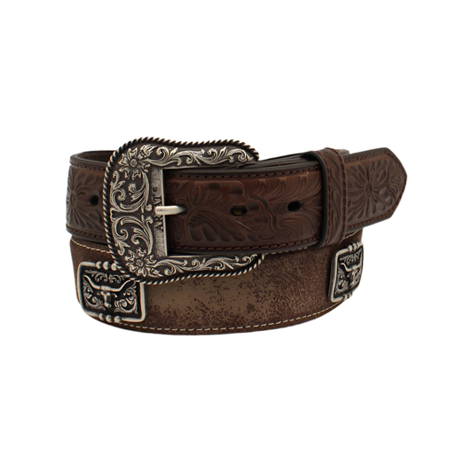 Ariat Men's Brown Floral Tooled Longhorn Concho Belt