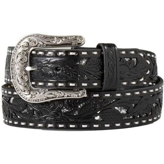 Nocona Women's Black Glitter Underlay Floral Laced Western Belt