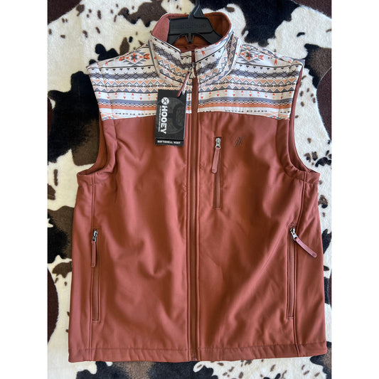 Hooey Men's Softshell Vest, Rust Full Zip Body with Cream Aztec Pattern Yoke