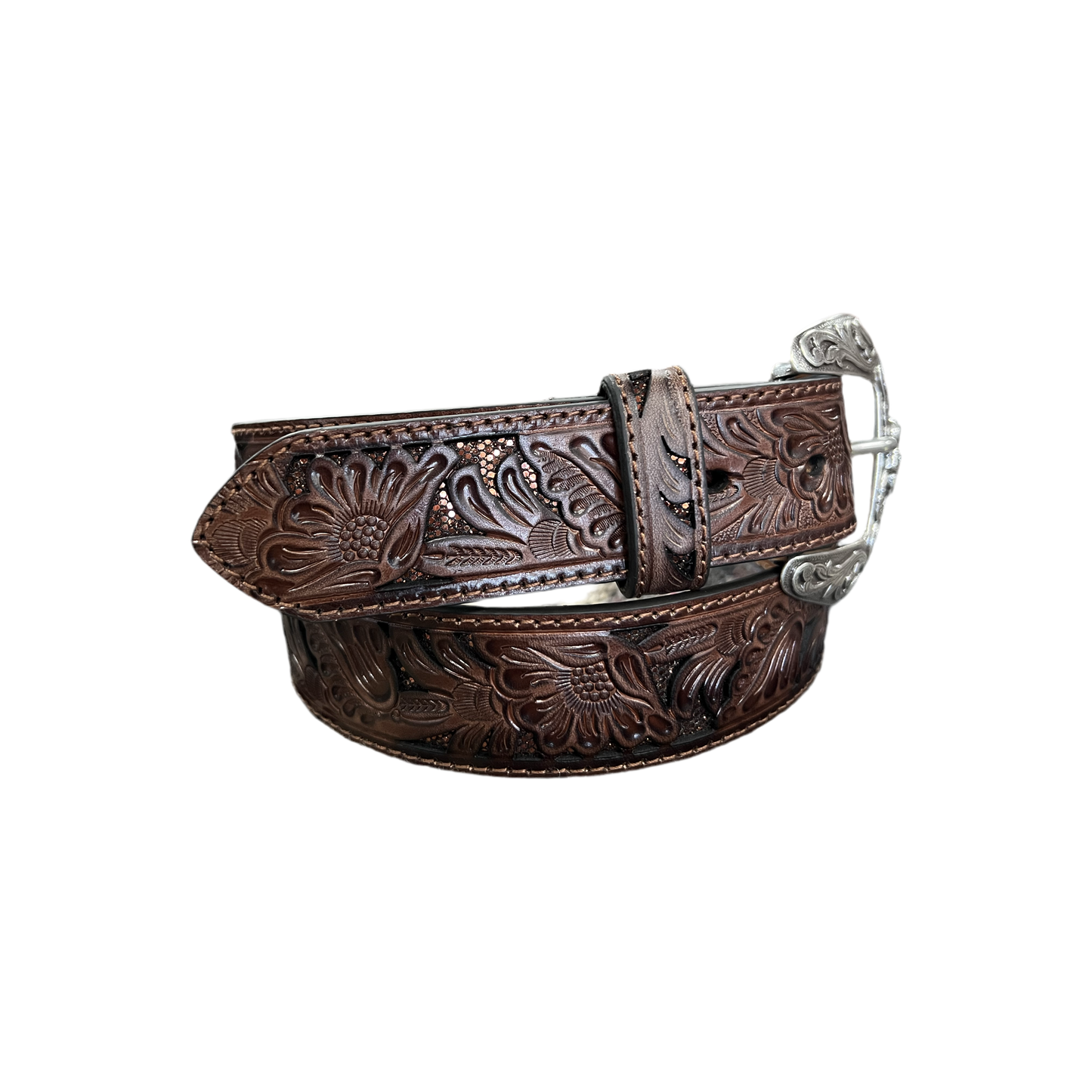 Nocona Women's Tooled Glitter Inlay Marron Western Belt