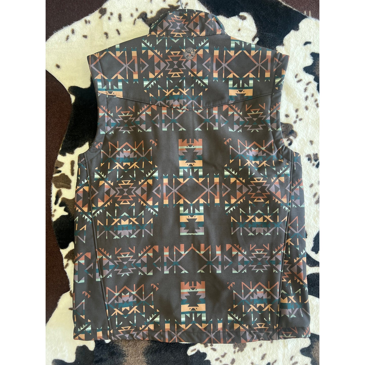 Hooey Men's Softshell Vest, Brown/Blue Aztec Pattern All Over Full Zip Body