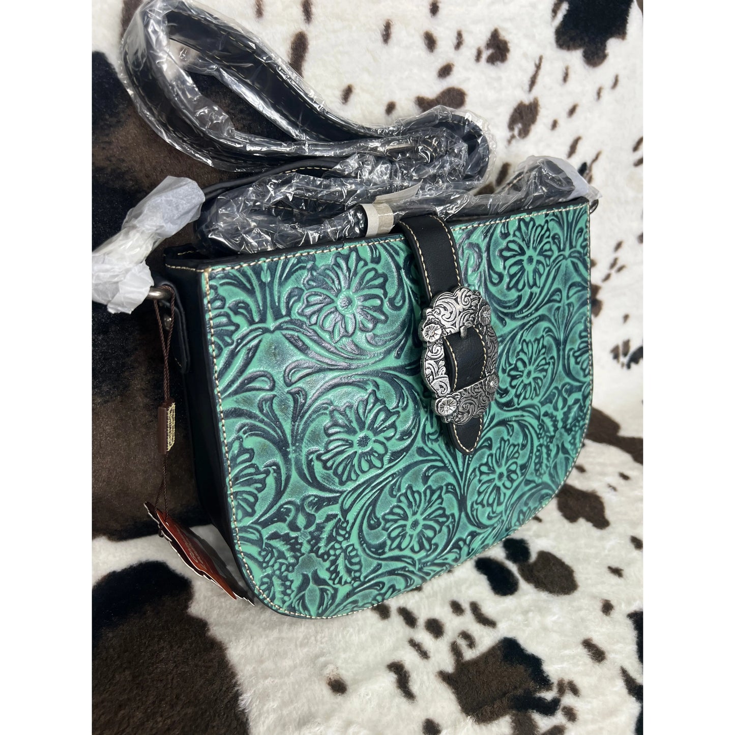 Trinity Ranch Women's Turquoise Buckled Leather Engraved Bag