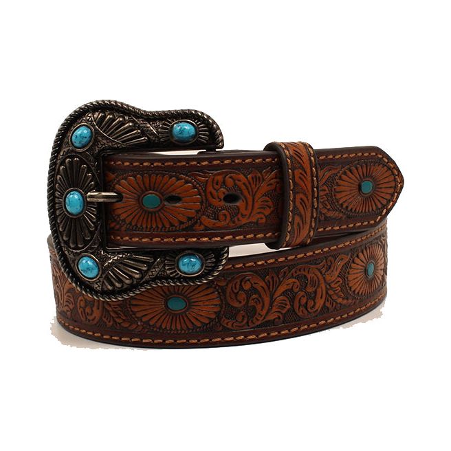 Nocona Women's Brown and Turquoise Tooled Leather Western Belt