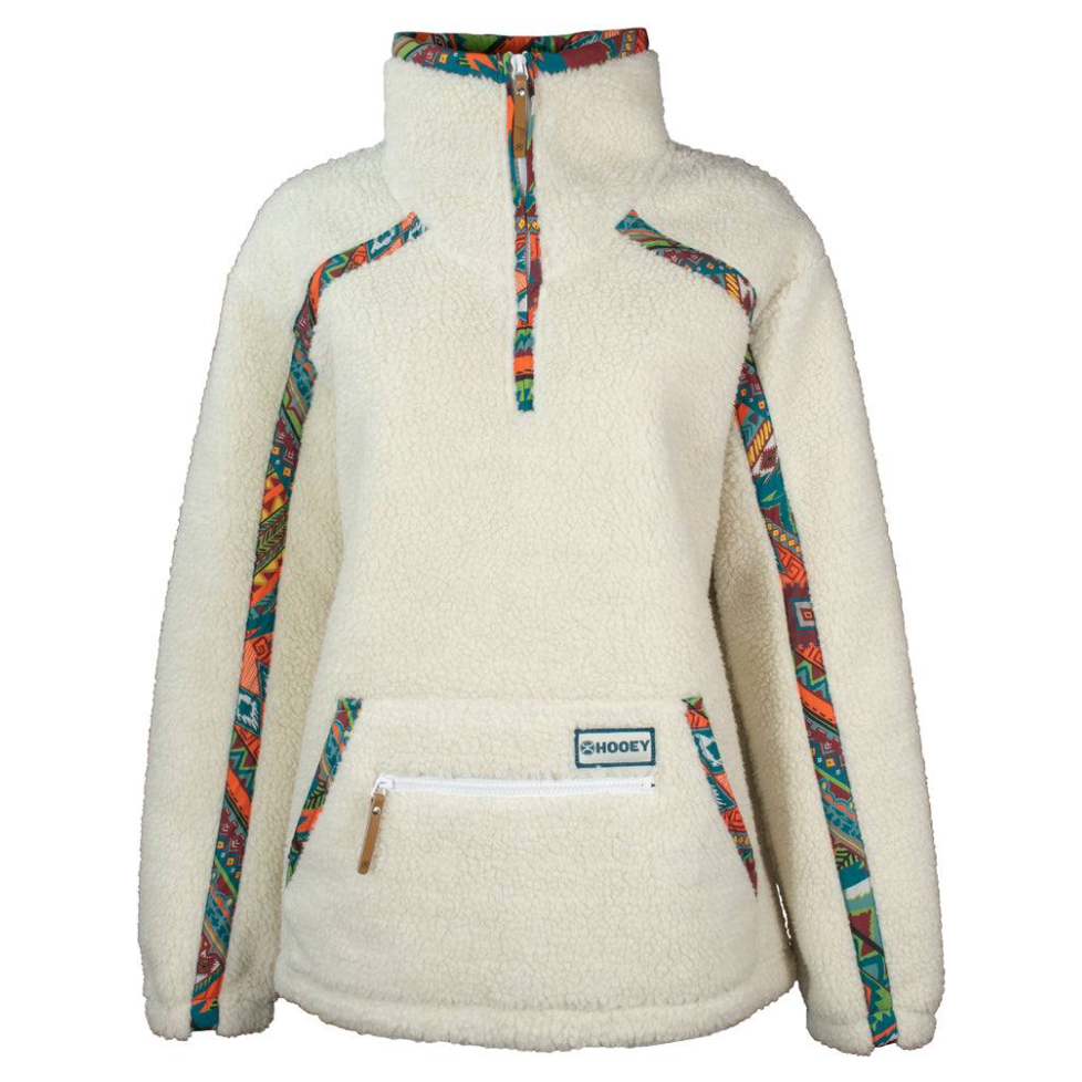 Hooey Ladies Sherpa Pullover, Cream With Multi Color Aztec Pattern Accents