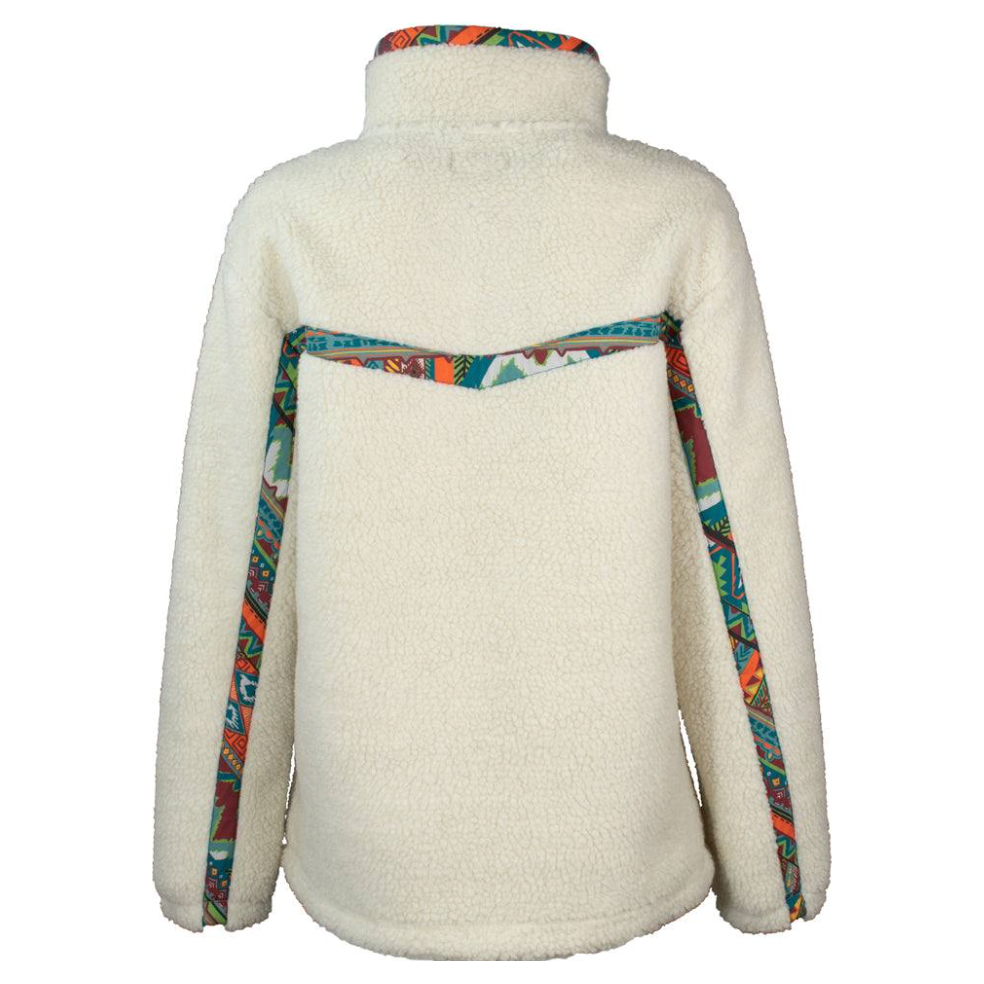 Hooey Ladies Sherpa Pullover, Cream With Multi Color Aztec Pattern Accents