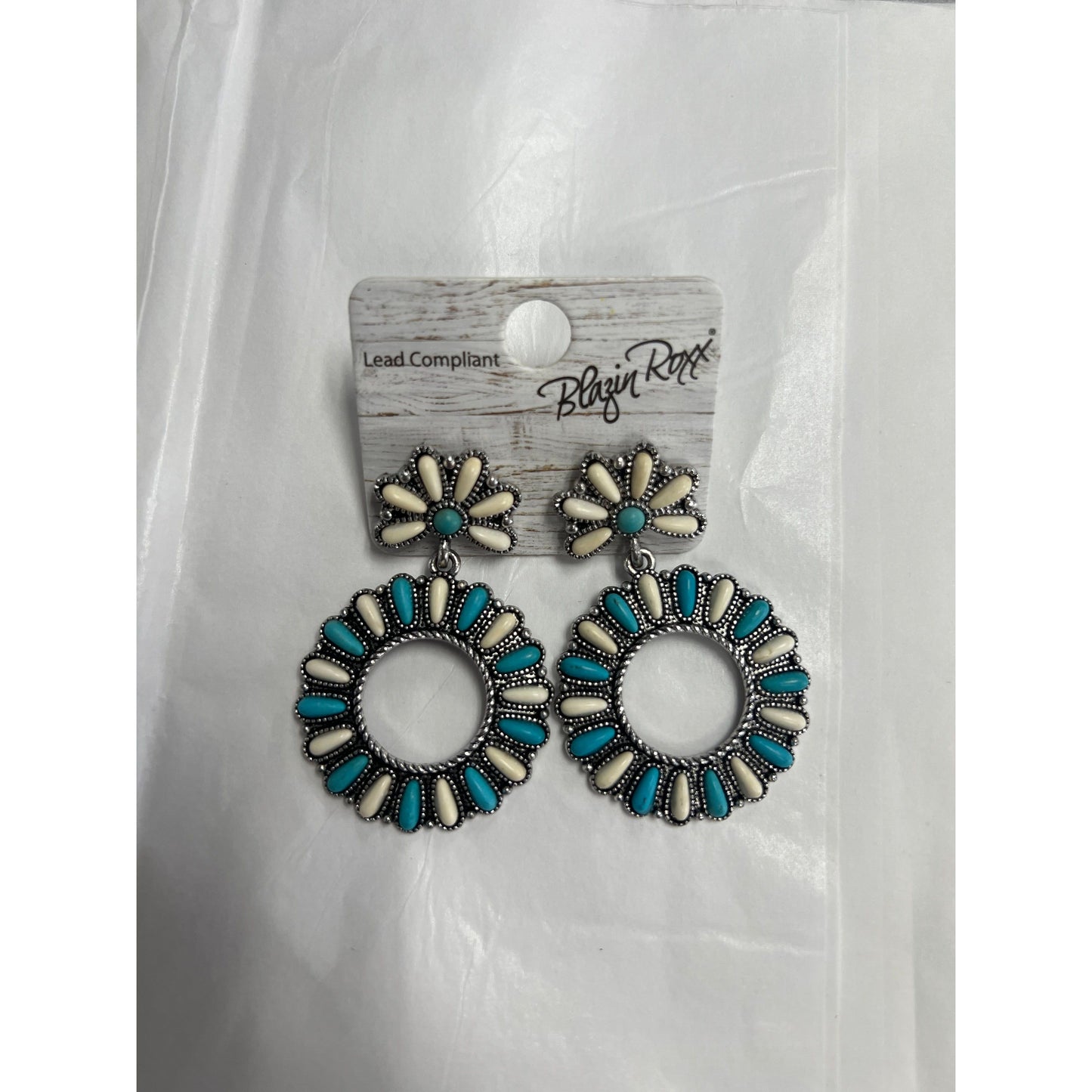 Blazin Roxx Ivory/Turquoise Stones Round Drop Earrings