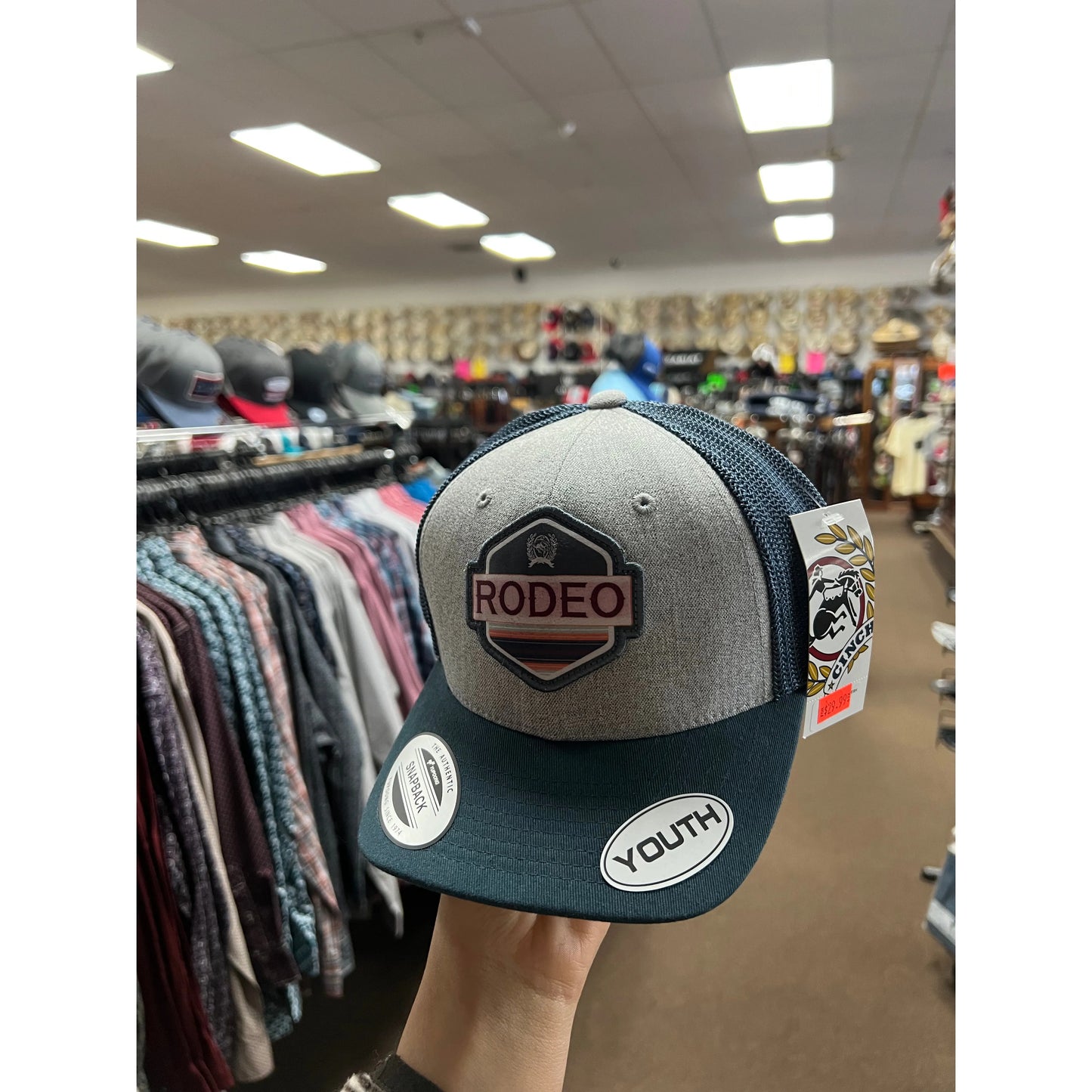 KIDS CINCH GREY AND BLUE RODEO PATCH TRUCKER HAT